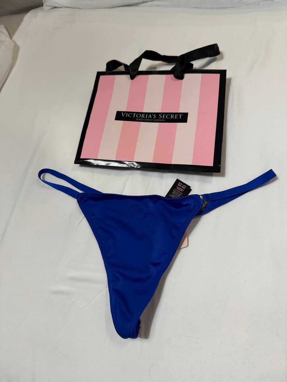 Vintage Victoria's Secret Satin Silky Smooth Charm V-String Thong Panty OS Blue